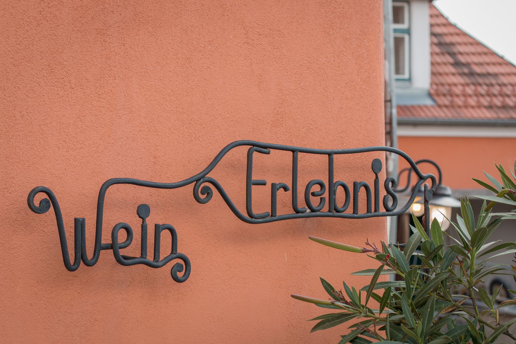 Metallschild mit der Aufschrift 'Wein Erlebnis' an einer orangefarbenen Wand.