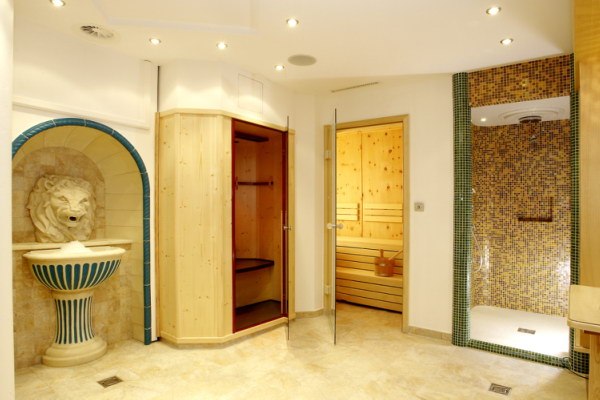 Innenansicht eines Wellnessbereichs mit Sauna, Dusche und L&ouml;wenkopfbrunnen.
